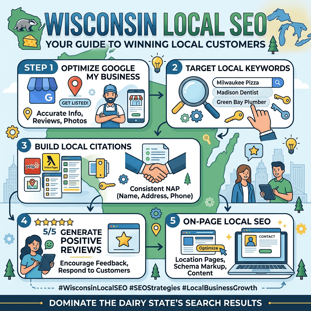 Infographic showing five steps for Wisconsin local SEO including optimizing Google My Business, targeting local keywords, building local citations, generating positive reviews, and on-page local SEO.